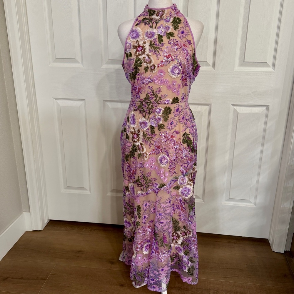Sam Edelman Lavender Floral Lace Sequin High Neck Dress Small Formal Cocktail - Picture 2 of 16